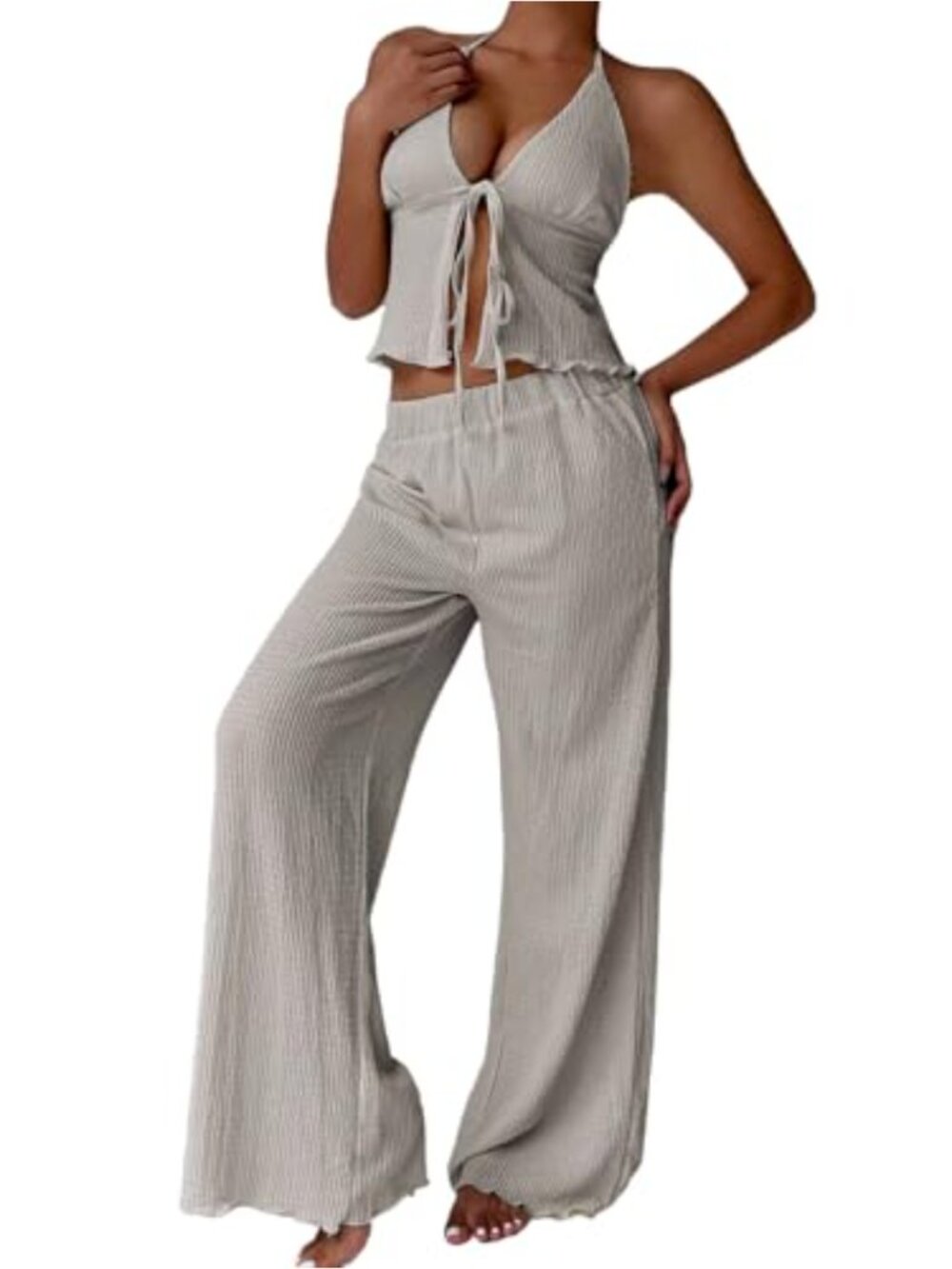 Women's 2 Piece Halter Cami & Wide Leg Pants Set Outfit
